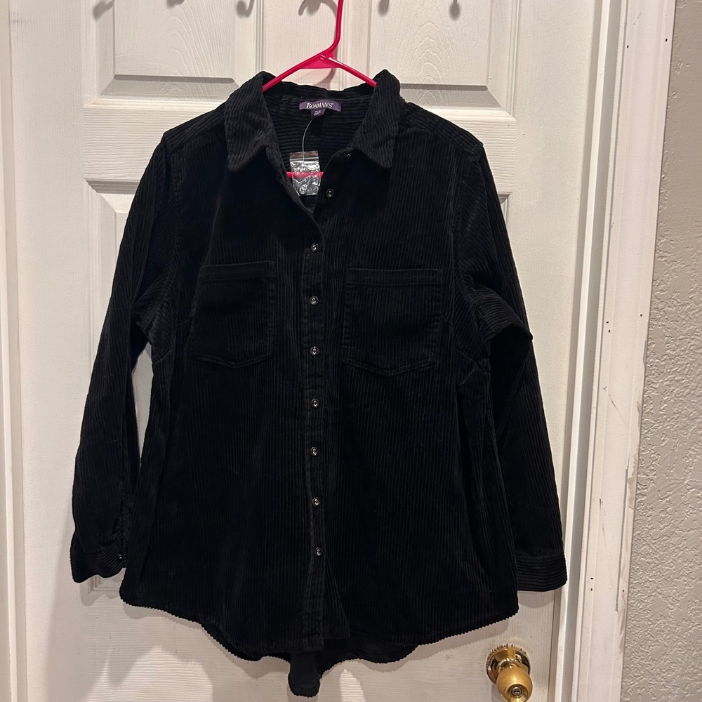 ROAMANS‎ NWOT Black Wide Wale Corduroy Button Down Shirt Jacket Plus Size 20W